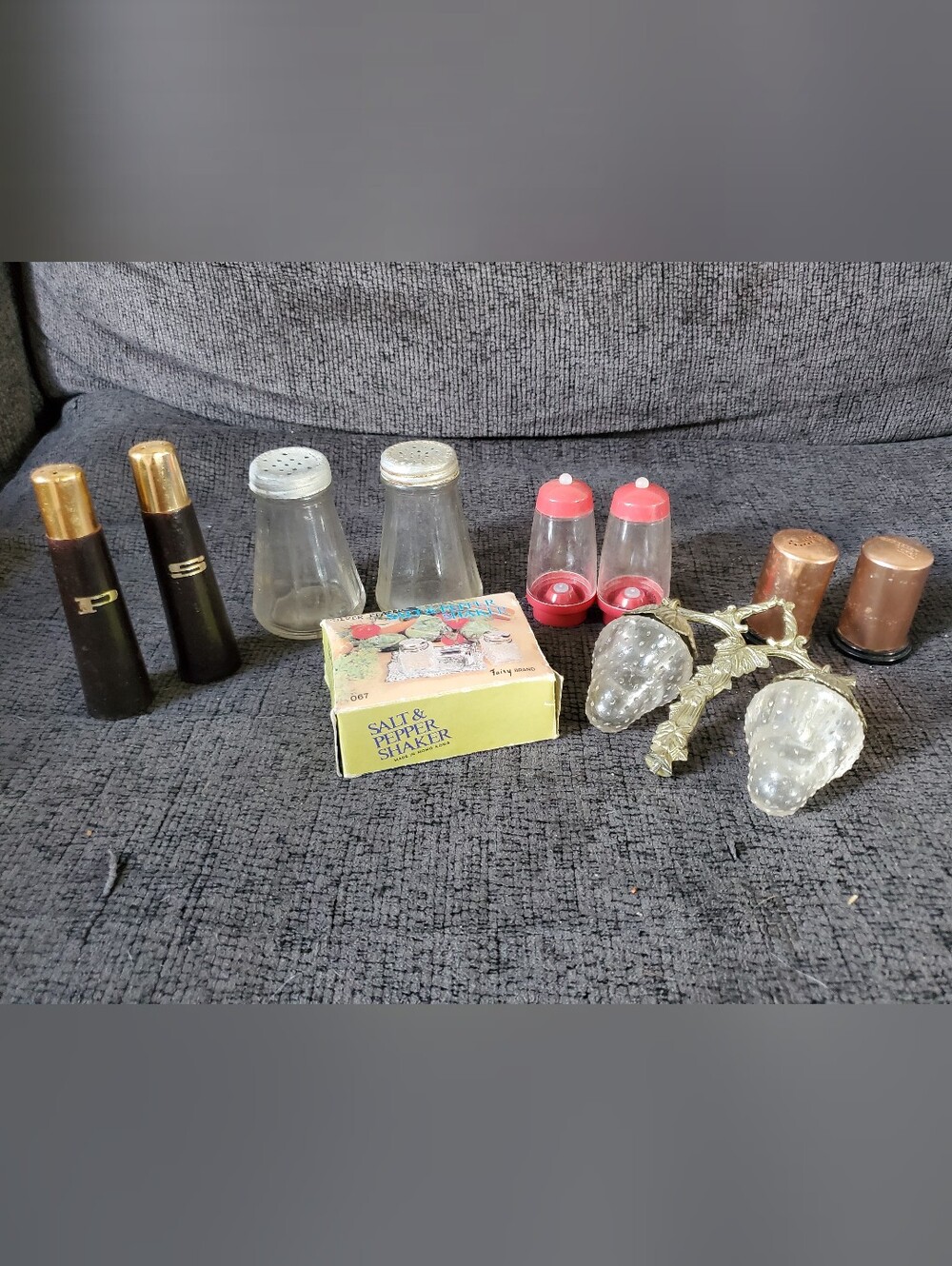 Vintage Salt & Pepper Shaker Bundle Lot MCM Wood Glass Strawberry Brass